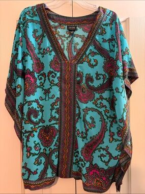 Nicole Turquoise Paisley V-Neck Tunic with Pink and Green Accents